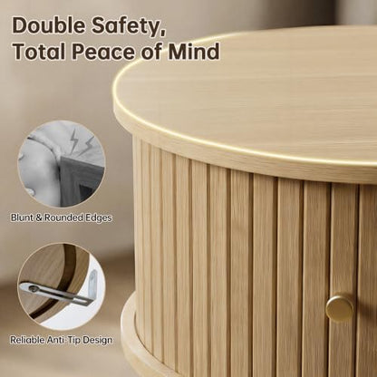 Afuly Round Side Table Small Oak Fluted End Table with Cabinet Living Room