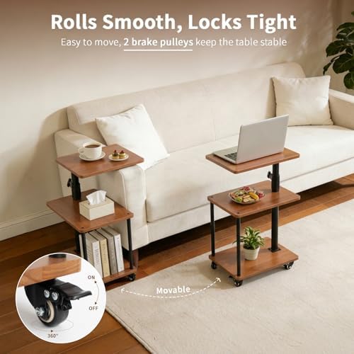 Rolling Side Table with Wheels, End Table, Natural Solid Wood
