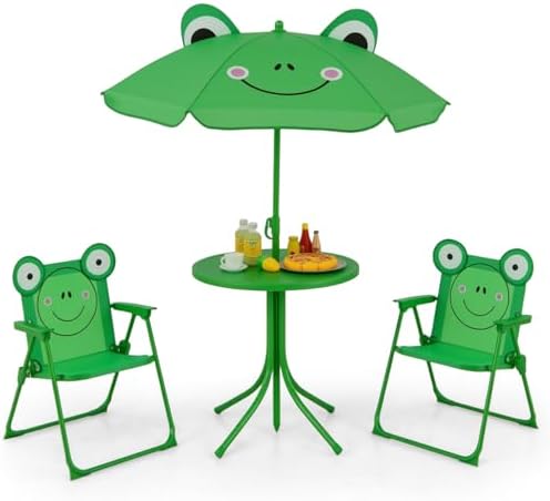 Costzon Kids Picnic Table, Kids Outdoor Table with 2 Folding Chairs, Height Adjustable Umbrella, Portable Children Outdoor Furniture for Patio, Garden, Backyard (Green)