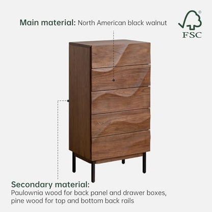 Solid Walnut Nightstand, 5 Drawer Bedside Table for Bedroom, Solid Wood nightstand with Drawers, Modern Night Stand for Living Room, Hallway, Closet(Black Walnut, 43" H)