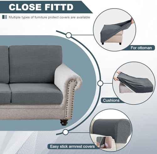 UNBBRRL Seat Cushion Cover and Back Covers for Corner Sofa Stretch Jacquard, Non Slip L Shaped Sofa Slipcover with Storage Ottoman, Sectional Couch Cover for Chaise Lounge (Light Gray,16 x 30 x 6”)