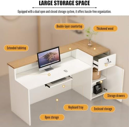 Reception Desk with Counter Modern, 35.4-118.1'', Solid Wood Ecological Board, Large Storage Space,Lockable Storage Drawers, for Salons, Offices, Lobbies, Retail Stores and Home Offices