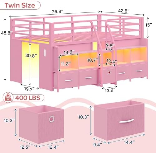 Twin Low Loft Bed, 5 Drawers & 6 Bookcases, LED and Charging Station, Pink