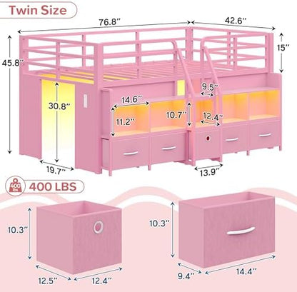Twin Low Loft Bed, 5 Drawers & 6 Bookcases, LED and Charging Station, Pink