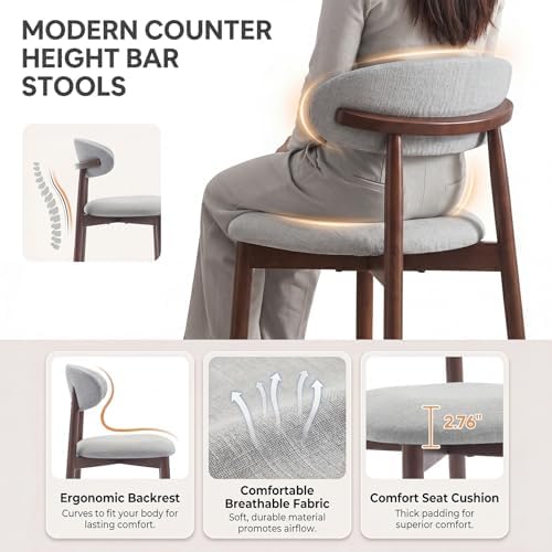 MALOL Counter Height Bar Stools Set of 6, Kitchen Bar Stools with Back, Mid Century Modern Upholstered Barstools with Wood Legs for Kitchen Island Dining Room, Light Grey