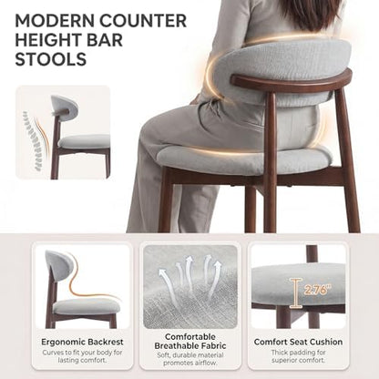 MALOL Counter Height Bar Stools Set of 6, Kitchen Bar Stools with Back, Mid Century Modern Upholstered Barstools with Wood Legs for Kitchen Island Dining Room, Light Grey