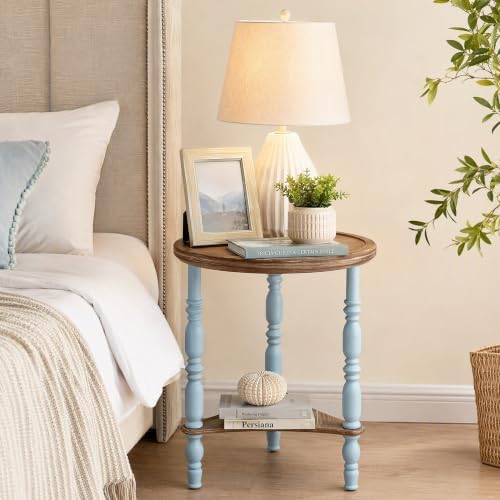 Round Side Table, Farmhouse Blue 2-Tier End Table, 19.7"D x 24"H
