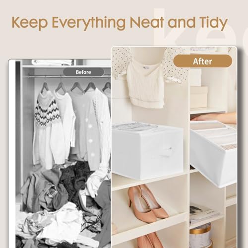6 Pack Large Clothes Organizer, Wardrobe Closet Organizer and Storage with Handles, Foldable Fabric Closet Organizers Dividers for Clothing, Pants, Jeans, Sweater, T-shirts, White