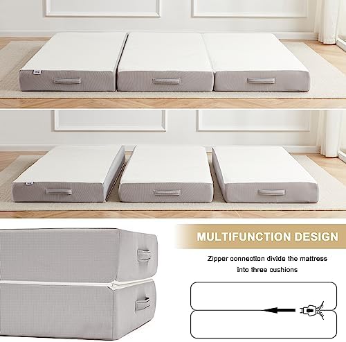 Lazyzizi Folding Mattress,Memory Foam Tri-fold Mattress with Breathable & Washable Bamboo Fiber Fabric Cover, Foldable Floor Guest Bed for Camping, Road Trip, 6Inch TwinXL
