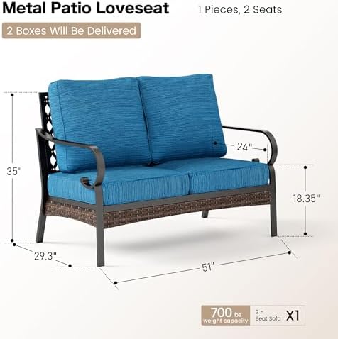 SUNSHINE VALLEY 2-Seat Metal Patio Loveseat, High-Back Design, Deep Seating