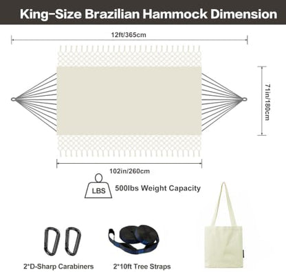 Brazilian Double Hammock with Tassels, King Size, 500 lb Capacity