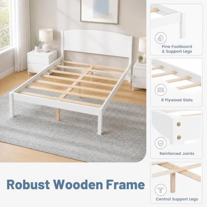 KOMFOTT Full Size Bed Frame, Wooden Platform Bed with Curved Headboard
