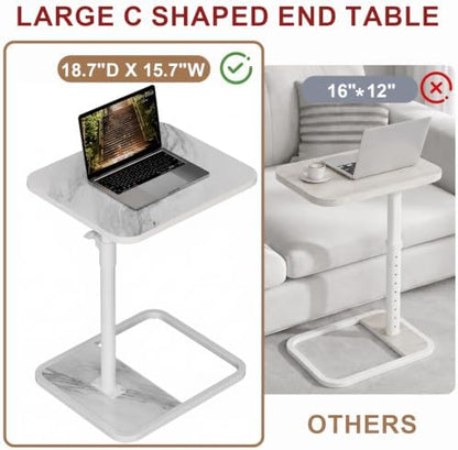 GOYLSER Large C Shaped Tv Trays Living Room End Table End Stand, White Marble Minimalist Wooden C Table for Sofa, Height Adjustable Tv Tray Tables Side Table for Dinner Eating