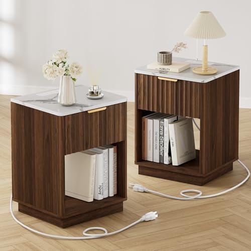 Fluted Nightstands Set of 2 with Charging Station, 18"W Night Stand with Faux Marble Top and Rounded Edge, FSC-Certified Wood, Mid Century Modern End Table, Walnut Bedside Table for Bedroom