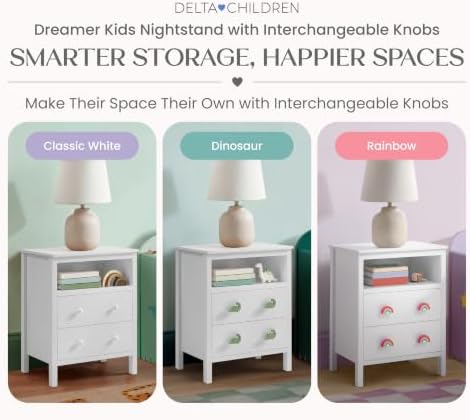 Delta Children Dreamer Kids Nightstand with Interchangeable Knobs, White