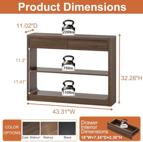 FATORRI Console Table with 2 Drawers, 43.3 Inch Farmhouse Narrow Entryway Table with Storage Shelves, Rustic Sofa Tables Behind the Couch for Hallway, Living Room, Foyer (Dark Walnut)