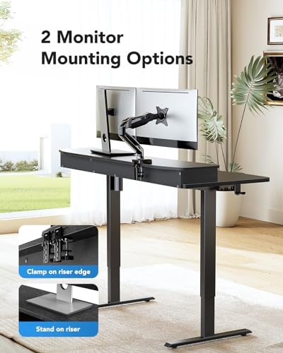 HUANUO 47.2" X 23.6" Electric Standing Desk with 2 Drawers, C-Clamp Mount Compatible, Height Adjustable Computer Desk, Home Office Stand Up Desk with 4 Preset Heights & 2 Hooks, Black