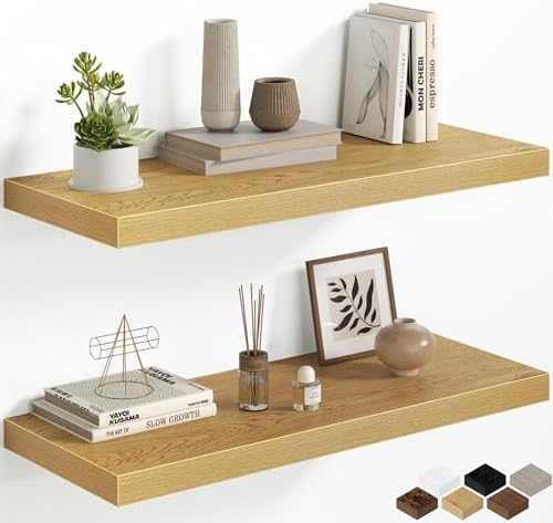 Floating Shelves - 2 Pack 30 Inch Long Rustic Wooden Wall Shelves - 12 Inch Deep Wall Mounted Storage Shelf with Invisible Heavy-Duty Brackets for Books, Bathroom, Kitchen, Oak