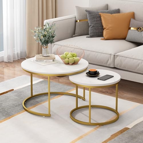 27.6" Round Nesting Coffee Table Set of 2, White & Gold Marble