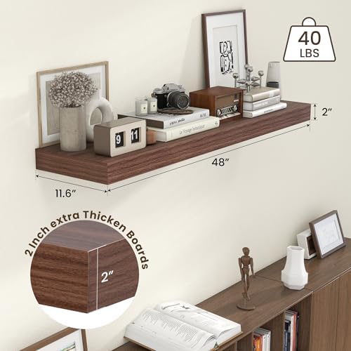 FLYJOE 48 Inch Floating Shelf, 12'' Deep Walnut Shelves for Wall Set of 1