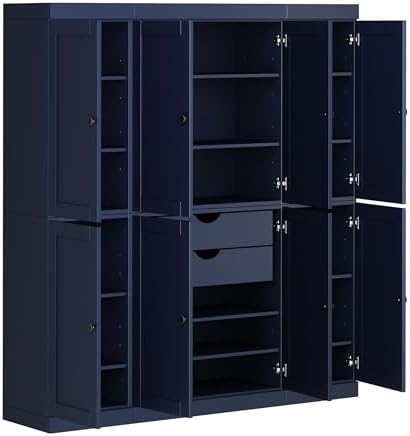 Palace Imports Solid Wood Pantry Cabinet – 71.5" Tall x 65" W - Wooden Storage Cabinet w/ 8 Shaker Doors, 2 Drawers, 12 Adjustable Shelves - Kitchen Cupboard - Navy Blue, 100% Eco-Friendly Pine Wood