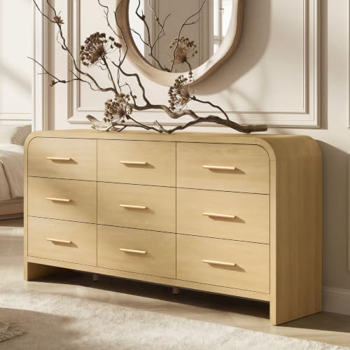 Curved 9-Drawer Dresser for Bedroom, 63" Wide Modern Chest of Drawers, Vanity Desk TV Stand for Living Room, Closet Storage Drawers Organizer Furniture, Nursery, Hallway, Oak