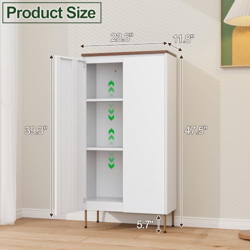 Metal Storage Cabinet, 47.5" Tall Pantry Cabinet with Doors and Adjustable Shelves, Freestanding Cupboard for Kitchen, Bathroom, Laundry, Office, Garage(White)