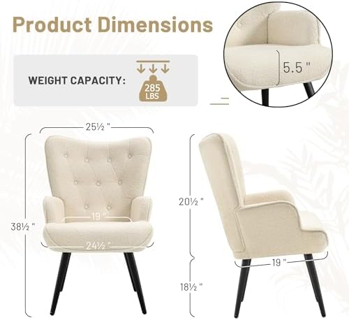 Furniliving Boucle Accent Chair for Living Room, Upholstered Reading Chair with High Backrest, Tufted-Button Wingback Armchair for Bedroom, Dressing Room, Home Office, Ivory White