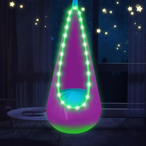 Light Up Kids Pod Swing, Indoor Outdoor Hammock Seat w/ LED Lights, Purple