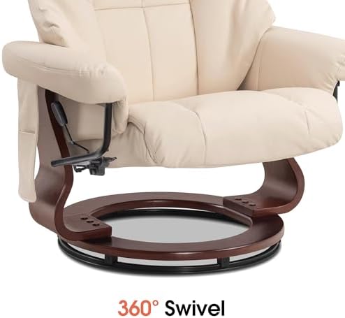 MCombo Manual Swivel Recliner with Ottoman, Reclining Chair with Vibration Massage for Small Spaces, Living Room, Office, Faux Leather 9068 (Cream White)
