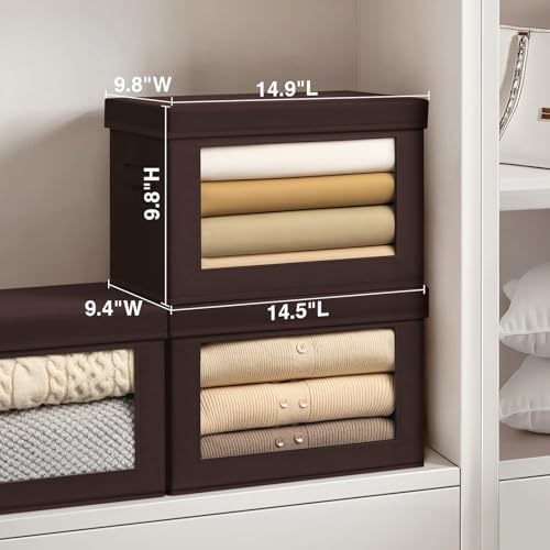 Brown Fabric Storage Bins with Lids - 6 Pack Modern Lidded-Home Storage Bins, 14 Inch. - Perfect for Clothes, Books, CD, Office Supplies