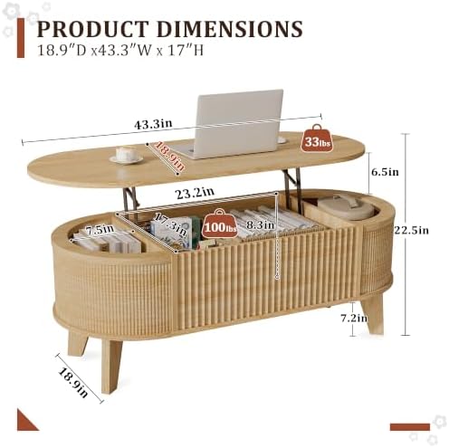 LYNCOHOME 43.3" Fluted Lift Top Coffee Table for Living Room, Oval, Oak
