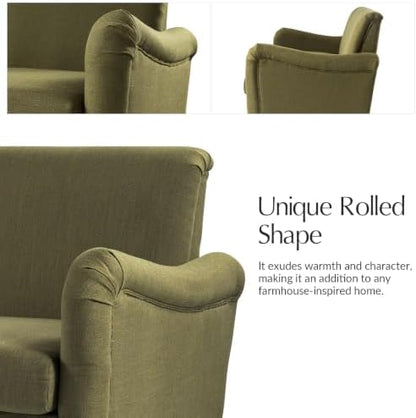 HULALA HOME Farmhouse Curved Couch, 3 Seater Upholstered Sofa, Moss