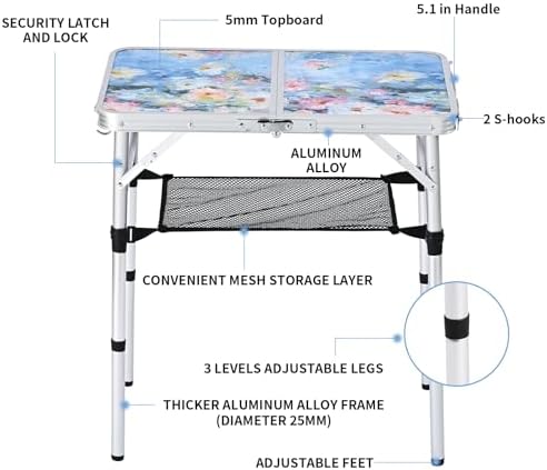 Outdoor Side Table, Portable 3 Adjustable Height, Small Folding Table