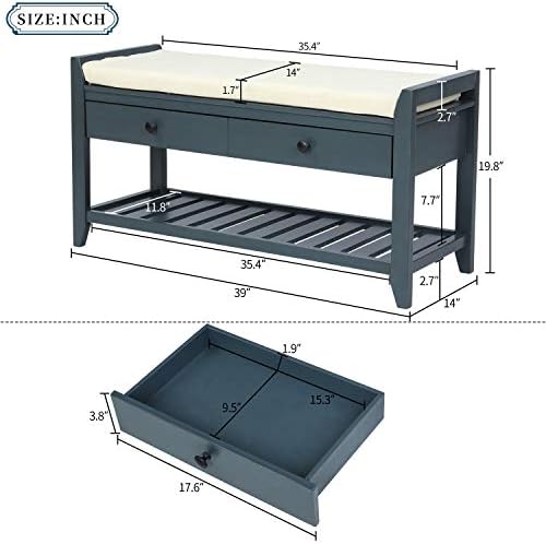 Merax Classic Wood Shoe Storage Bench for Entryway Hallway Front Door Shoe Bench with Drawers and Seat Cushion Navy