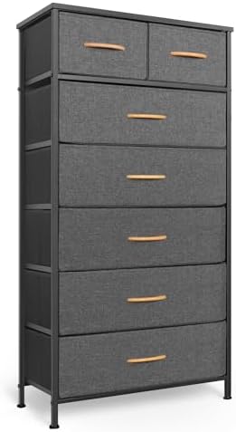Mifuro Tall Dresser for Bedroom, Vertical Storage Organizer Tower with 7 Drawers, Chest of Drawers with Fabric Bins, Steel Frame, Wood Top for Bedroom, Closet, Entryway- Grey