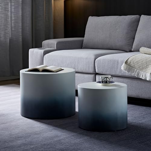 18.9" Gradient Color Nesting Coffee Table Set of 2 for Living Room, Modern Round Coffee Tables Accent Circle Tea Table Set for Small Space, No Assembling, White + Blue