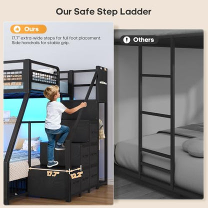 Bunk Bed Twin Over Full with Stairs, Storage Drawers and LED Lights