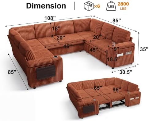 WEUP 111" Modular Sectional Sleeper Sofa with Pull Out Bed, 8 Seat Plush Corduroy U Shaped Couch with USB Ports|Cup Holders|Side Table|Storage Chaise Armrests Tool Free Assembly, Orange