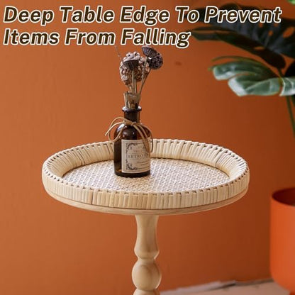 Small Side Table, Rattan Drink Table, Round Side Table for Small Spaces, Boho Circle End Table Coffee Table with Solid Wood Leg for Living Room, Pedestal Table for Bedroom, Corners