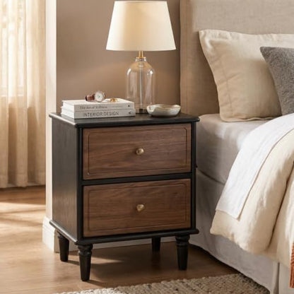 100% Solid Wood Nightstand, Mid Century Modern Night Stand with Drawers, Wooden Nightstands for Bedroom, Small Night Stands Bedside Tables (Black/Walnut, 19.69" H)