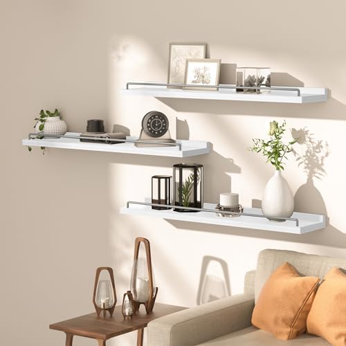 RYOFOBETTO 32 inches Long Floating Shelves, Bathroom Decor Shelves Over Toilet, Farmhouse Wall Shelves for Living Room, Bedroom, Picture Frames, Plants, Kitchen, Set of 3 (White and Grey)