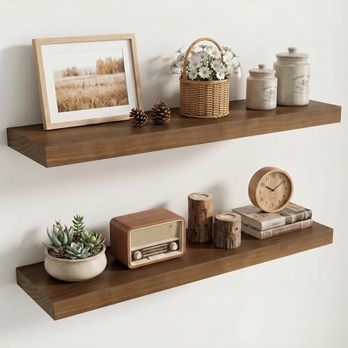 Wood Floating Shelves Set of 2, Rustic Pine Wood Floating Shelves for Wall Mounting, Wide Wall Shelf for Home Decor and Storage, 36" W x 7" D, Light Walnut