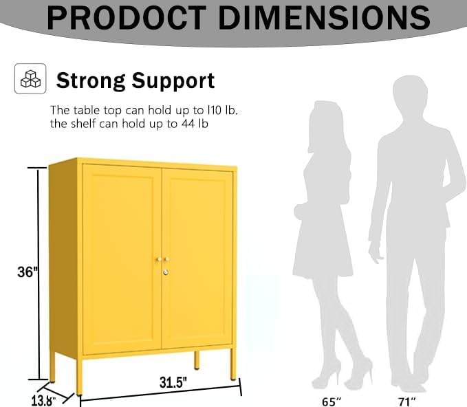Lockable Metal Storage Cabinet Double Door Metal Cabinet Home Decor Cabinet with Adjustable Shelves Coffee Bar Cabinet Suitable for Living Room and Dining room Yellow : 13.8"D x 31.5"W x 36"H