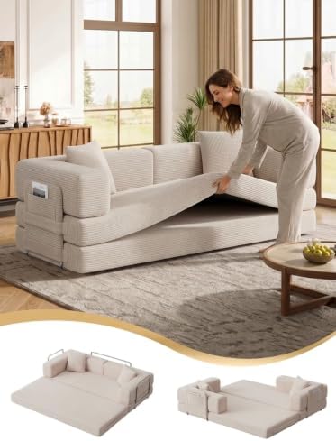 79.5" 5-in-1 Boneless Futon Sofa Bed, Corduroy, Washable Cover, No Assembly