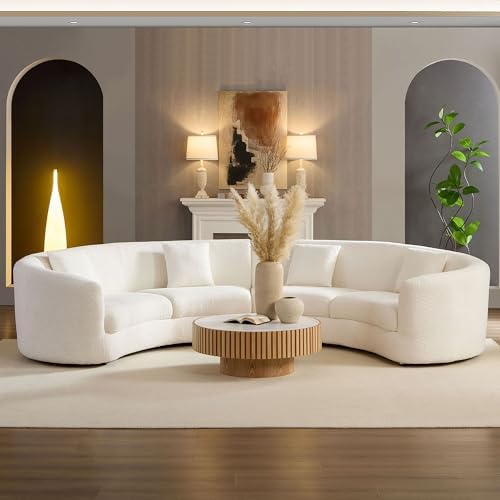 141" Luxury Curved Boucle Modular Sectional Sofa, Modern Style Oversized 4-Seater Polyester Tight Back Couch with 4 Pillows and Round Arms, Easy Assembly, for Apartment, Living Room, White