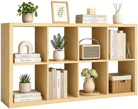 CTESNE【Wooden Thick Frame 8 Cube Storage Organizer Shelf with Anti-Tipping Kits + Reversible Open Back Bookcase, Horizontal and Vertical Dual-use Standing Bookshelf（Oak,13inch）