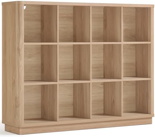 Joaxswe 12 Cube Storage Organizer, 41" Large Bookshelf with Curved Edge, Wood Floor Standing 3-Tier Cubby Bookcase with Base, Rustic Display Storage Cabinet for Living Room, Home Office, Natural Oak