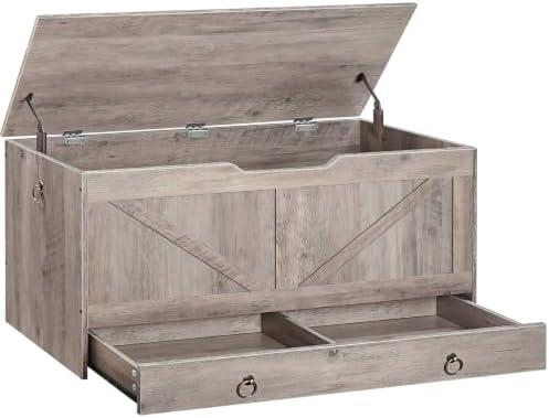HOOBRO Storage Chest, 39.3" Toy Chest with Drawer, Wooden Storage Bench, Sturdy Entryway Bench Supports 330 lb, Safety Hinge, U-Shaped Opening, Easy Assembly, Greige BG710CW01G2