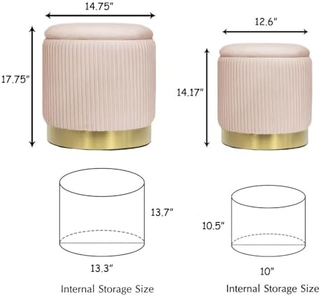 Round Ottoman with Storage Set of 2 Pink Velvet Vanity Stool